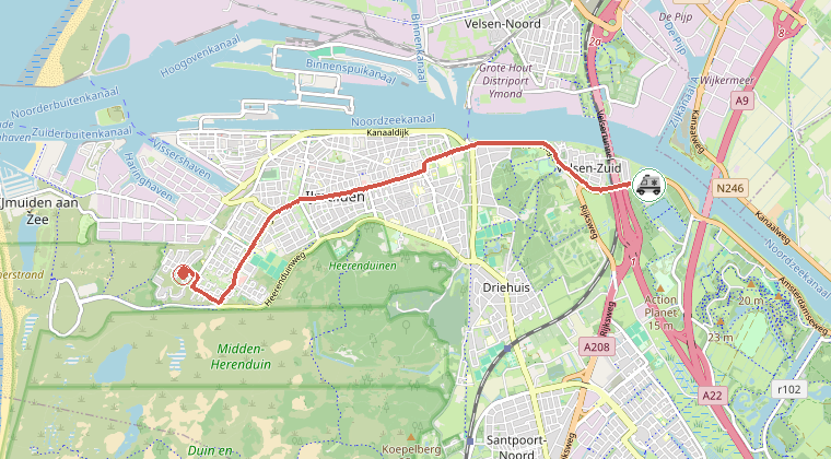 Kaart van de omgeving van de melding, met de kazerne die is gealarmeerd
