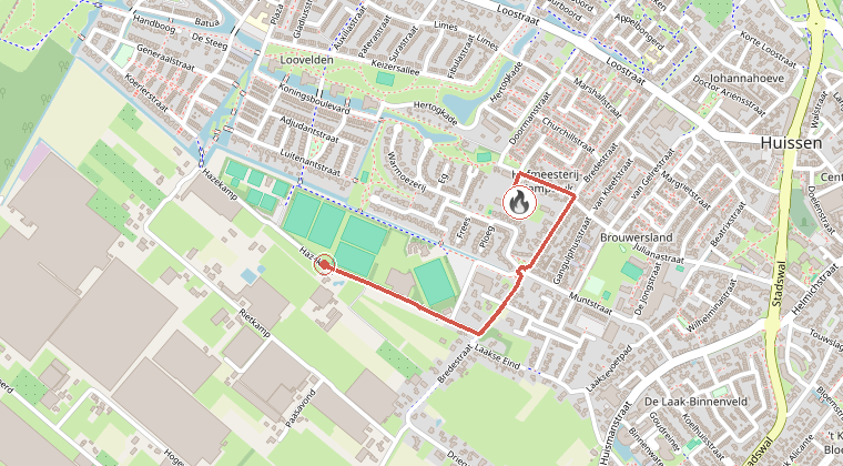 Kaart van de omgeving van de melding, met de kazerne die is gealarmeerd