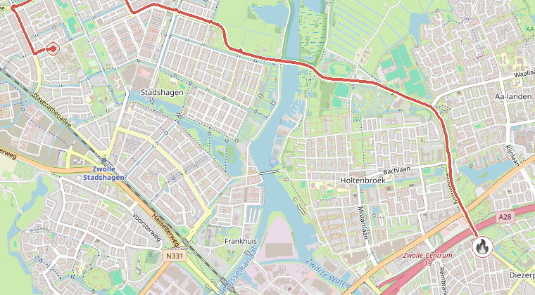 Kaart van de omgeving van de melding, met de kazerne die is gealarmeerd