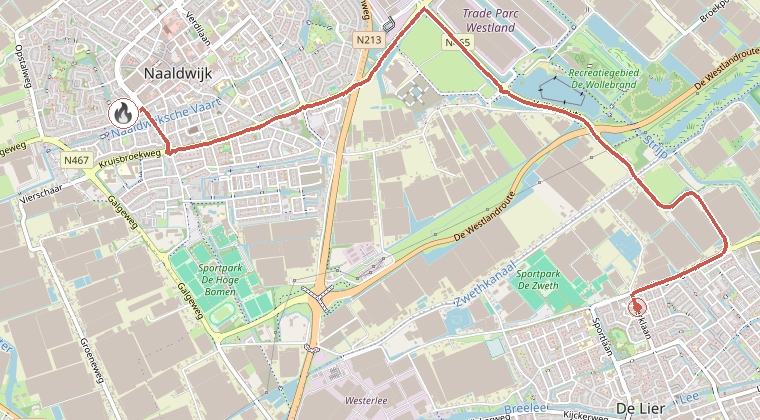 Kaart van de omgeving van de melding, met de kazerne die is gealarmeerd
