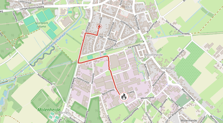 Kaart van de omgeving van de melding, met de kazerne die is gealarmeerd