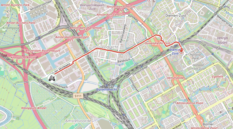 Kaart van de omgeving van de melding, met de kazerne die is gealarmeerd