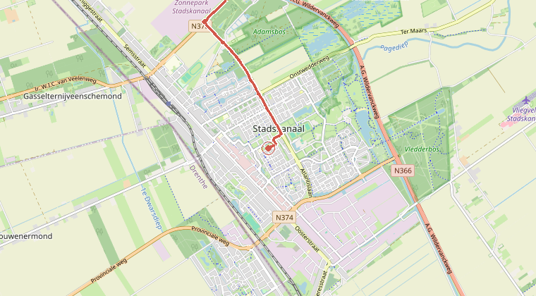 Kaart van de omgeving van de melding, met de kazerne die is gealarmeerd