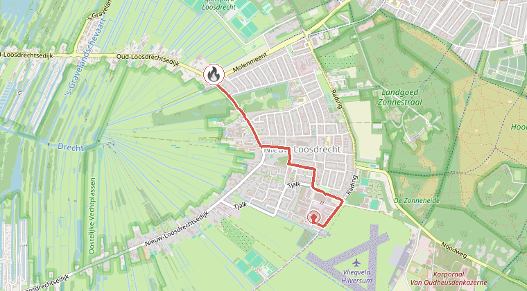 Kaart van de omgeving van de melding, met de kazerne die is gealarmeerd