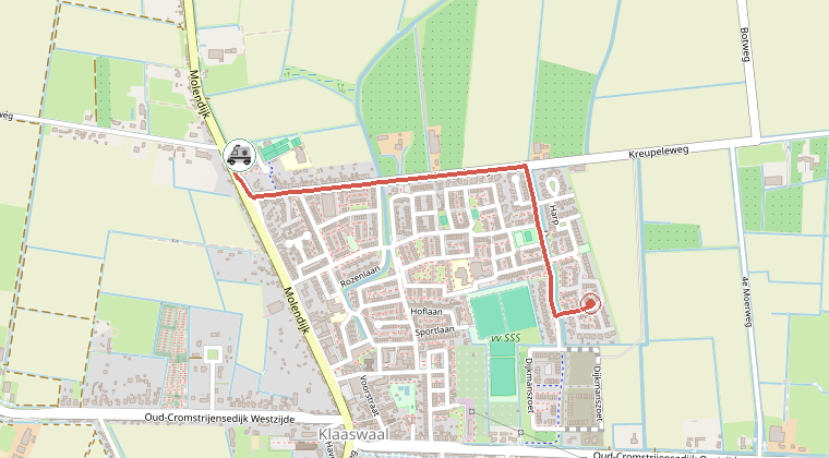 Kaart van de omgeving van de melding, met de kazerne die is gealarmeerd