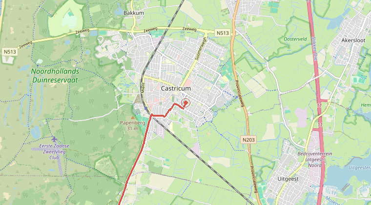 Kaart van de omgeving van de melding, met de kazerne die is gealarmeerd