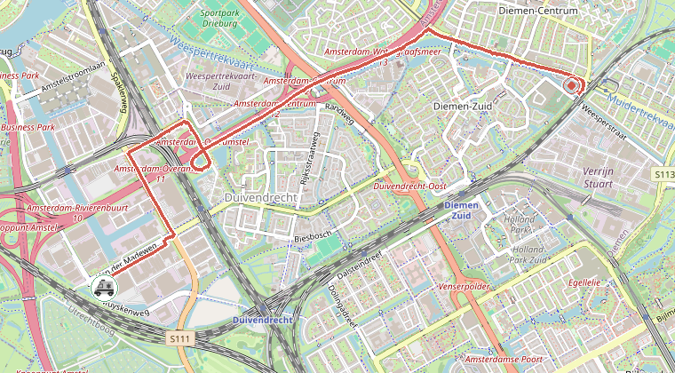 Kaart van de omgeving van de melding, met de kazerne die is gealarmeerd