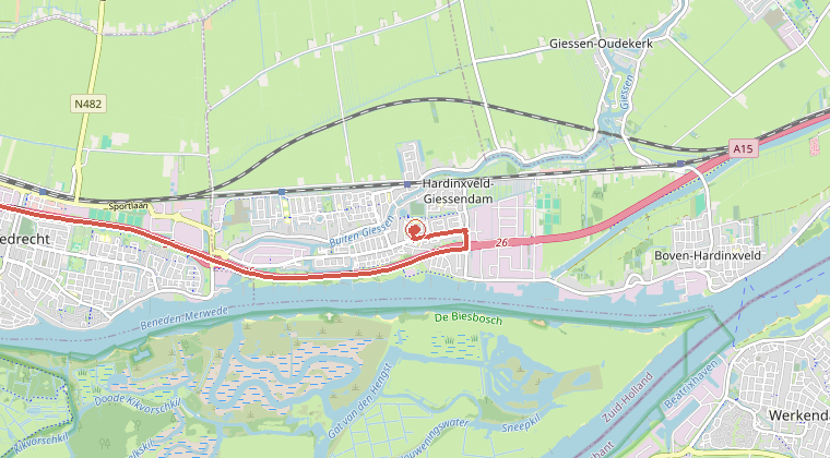 Kaart van de omgeving van de melding, met de kazerne die is gealarmeerd