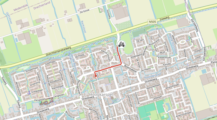 Kaart van de omgeving van de melding, met de kazerne die is gealarmeerd