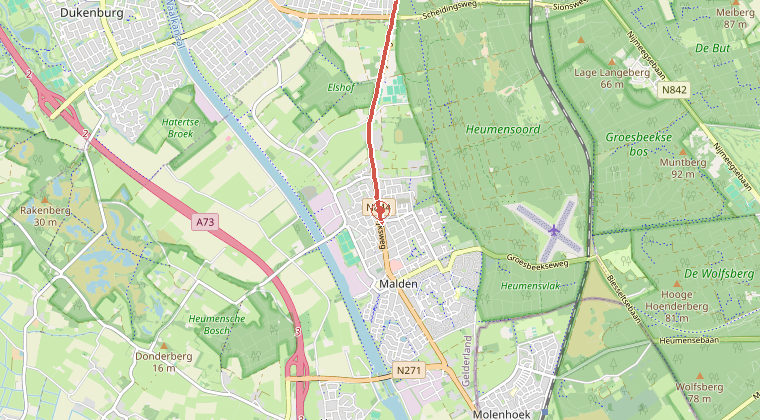 Kaart van de omgeving van de melding, met de kazerne die is gealarmeerd