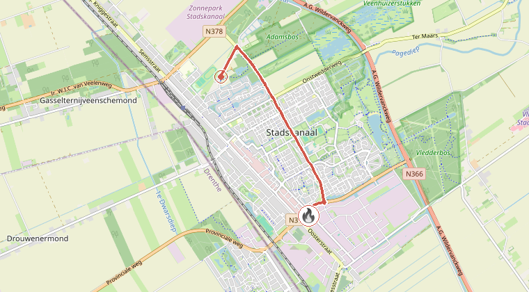 Kaart van de omgeving van de melding, met de kazerne die is gealarmeerd
