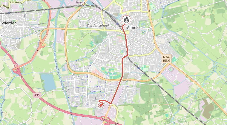 Kaart van de omgeving van de melding, met de kazerne die is gealarmeerd