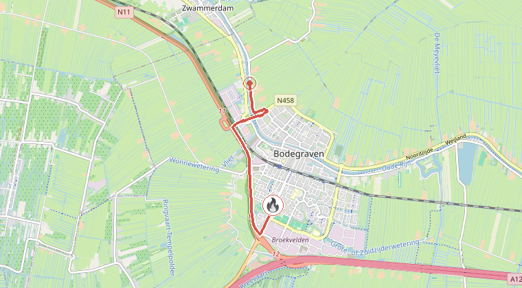 Kaart van de omgeving van de melding, met de kazerne die is gealarmeerd