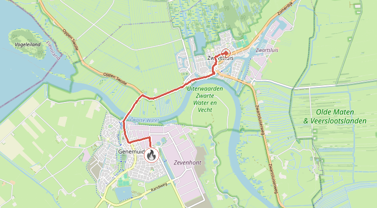 Kaart van de omgeving van de melding, met de kazerne die is gealarmeerd