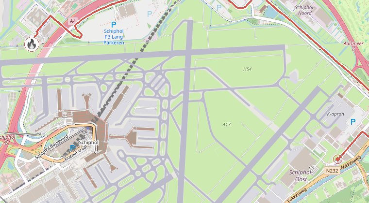 Kaart van de omgeving van de melding, met de kazerne die is gealarmeerd