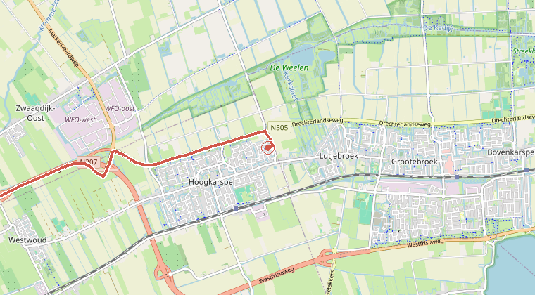 Kaart van de omgeving van de melding, met de kazerne die is gealarmeerd
