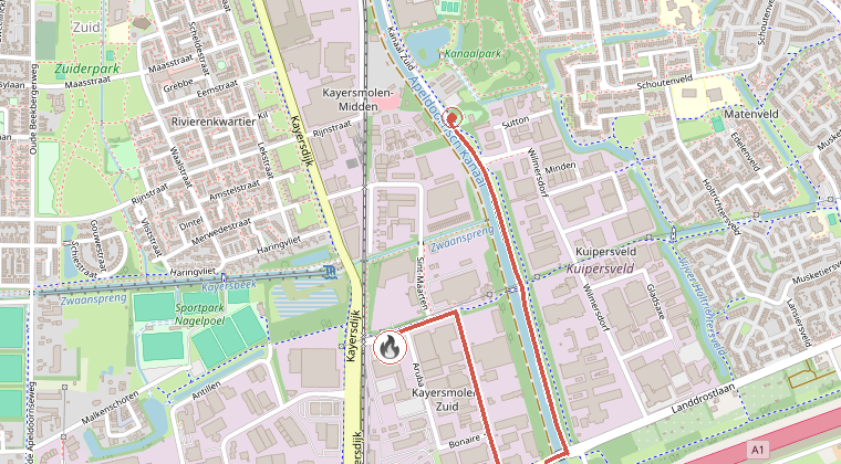 Kaart van de omgeving van de melding, met de kazerne die is gealarmeerd