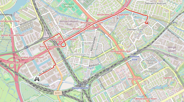 Kaart van de omgeving van de melding, met de kazerne die is gealarmeerd