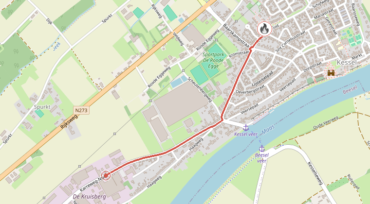 Kaart van de omgeving van de melding, met de kazerne die is gealarmeerd