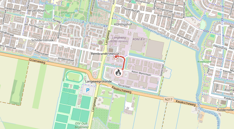 Kaart van de omgeving van de melding, met de kazerne die is gealarmeerd