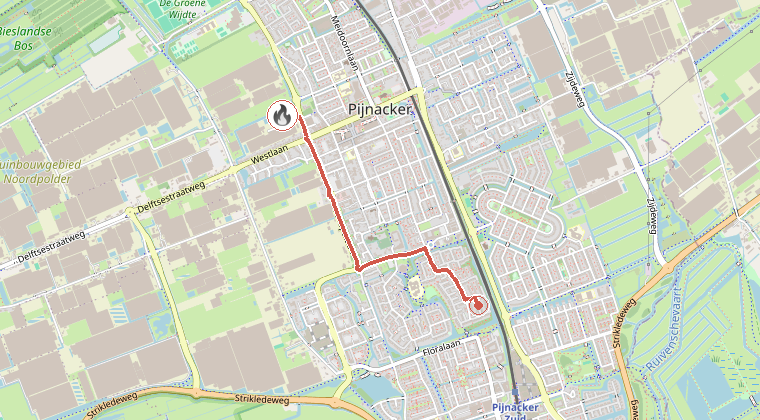 Kaart van de omgeving van de melding, met de kazerne die is gealarmeerd
