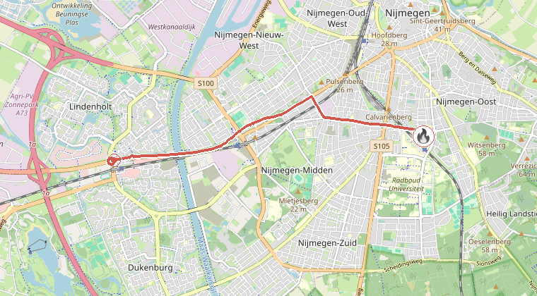 Kaart van de omgeving van de melding, met de kazerne die is gealarmeerd