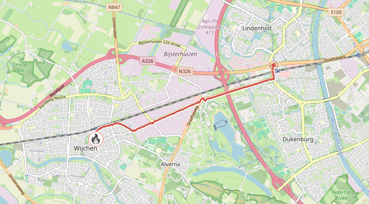 Kaart van de omgeving van de melding, met de kazerne die is gealarmeerd