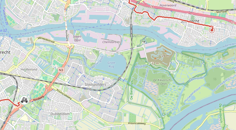 Kaart van de omgeving van de melding, met de kazerne die is gealarmeerd