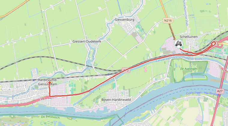 Kaart van de omgeving van de melding, met de kazerne die is gealarmeerd