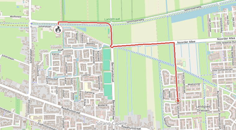 Kaart van de omgeving van de melding, met de kazerne die is gealarmeerd