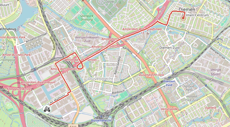 Kaart van de omgeving van de melding, met de kazerne die is gealarmeerd