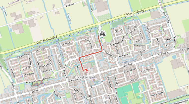 Kaart van de omgeving van de melding, met de kazerne die is gealarmeerd