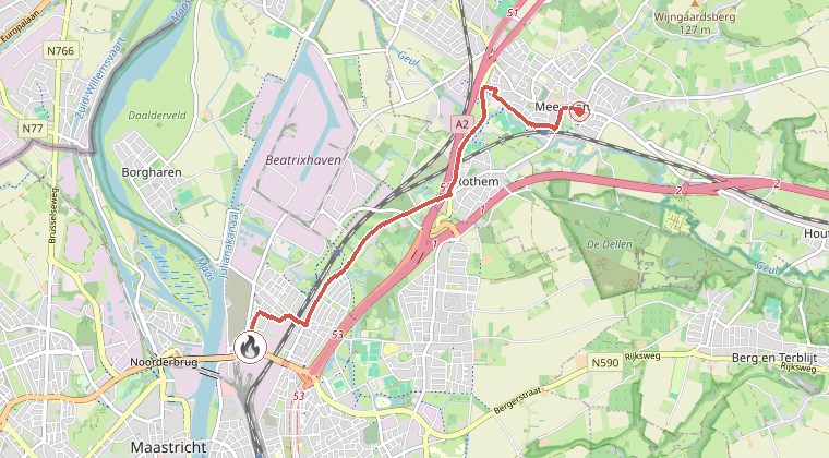 Kaart van de omgeving van de melding, met de kazerne die is gealarmeerd