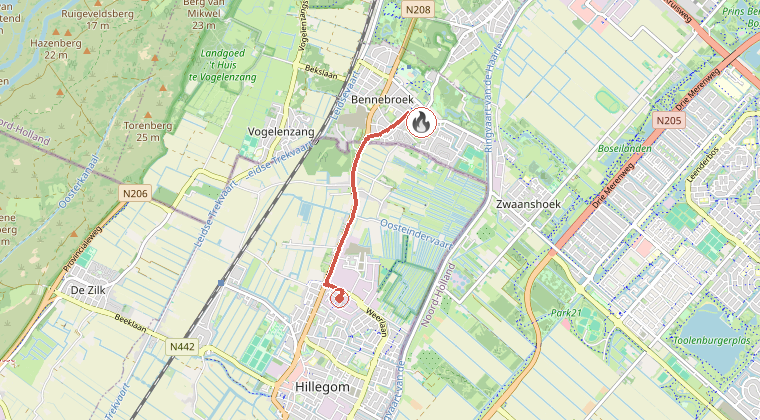 Kaart van de omgeving van de melding, met de kazerne die is gealarmeerd