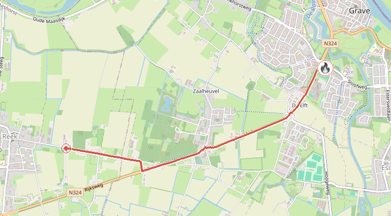 Kaart van de omgeving van de melding, met de kazerne die is gealarmeerd