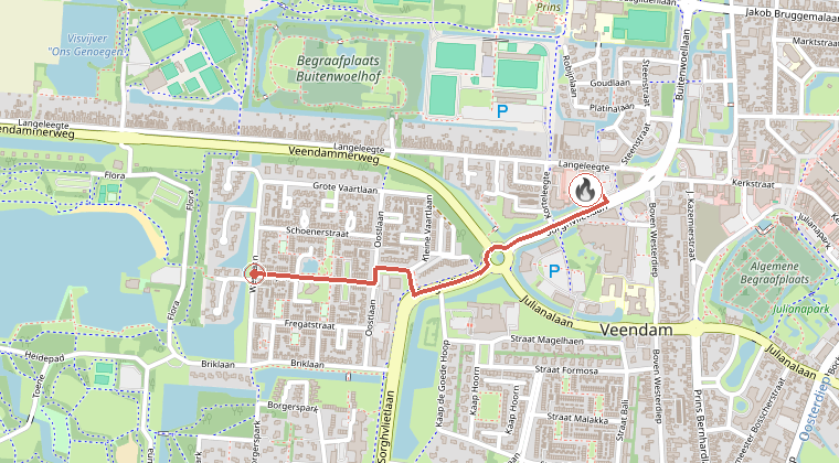 Kaart van de omgeving van de melding, met de kazerne die is gealarmeerd