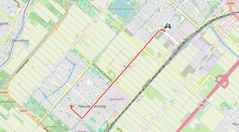 Kaart van de omgeving van de melding, met de kazerne die is gealarmeerd