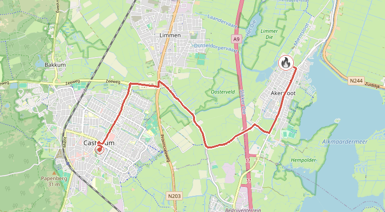 Kaart van de omgeving van de melding, met de kazerne die is gealarmeerd