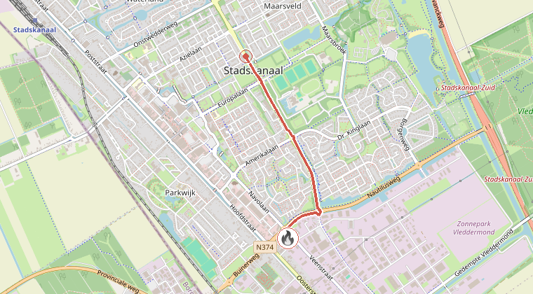 Kaart van de omgeving van de melding, met de kazerne die is gealarmeerd