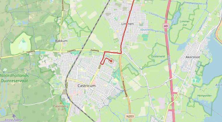 Kaart van de omgeving van de melding, met de kazerne die is gealarmeerd