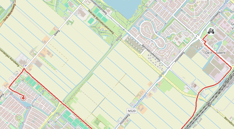 Kaart van de omgeving van de melding, met de kazerne die is gealarmeerd