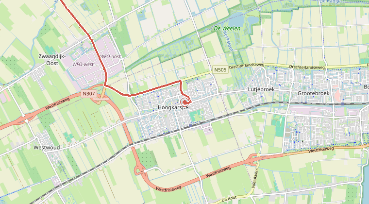 Kaart van de omgeving van de melding, met de kazerne die is gealarmeerd