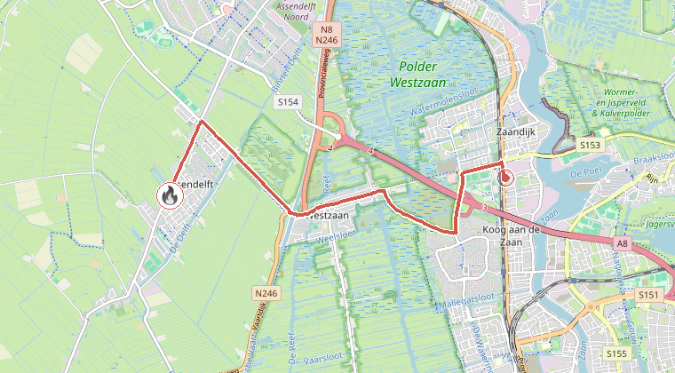 Kaart van de omgeving van de melding, met de kazerne die is gealarmeerd