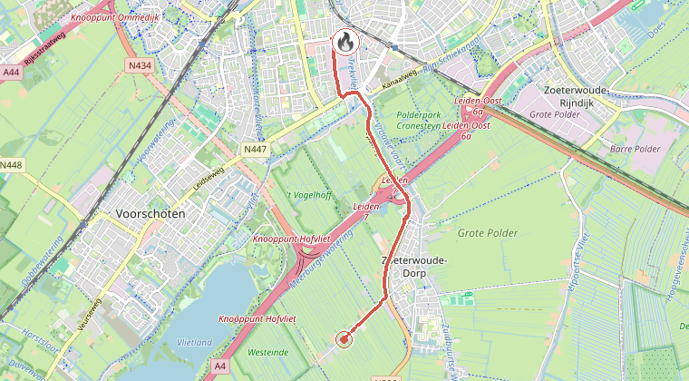 Kaart van de omgeving van de melding, met de kazerne die is gealarmeerd