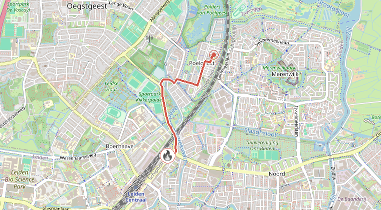 Kaart van de omgeving van de melding, met de kazerne die is gealarmeerd