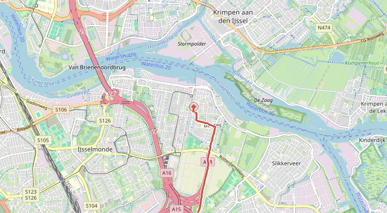 Kaart van de omgeving van de melding, met de kazerne die is gealarmeerd