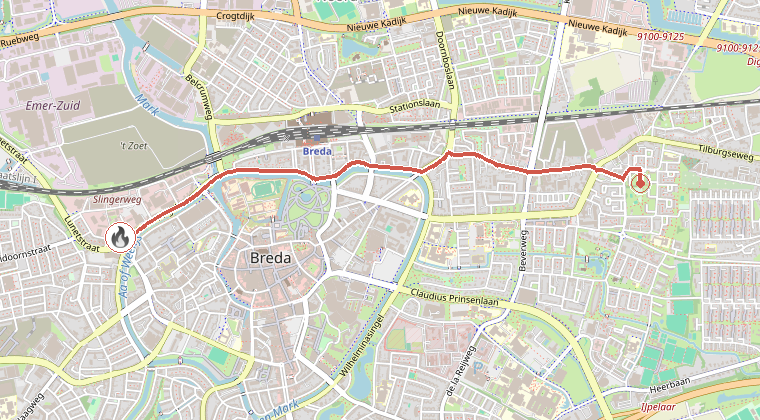 Kaart van de omgeving van de melding, met de kazerne die is gealarmeerd