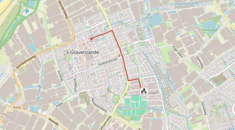 Kaart van de omgeving van de melding, met de kazerne die is gealarmeerd