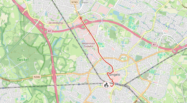 Kaart van de omgeving van de melding, met de kazerne die is gealarmeerd