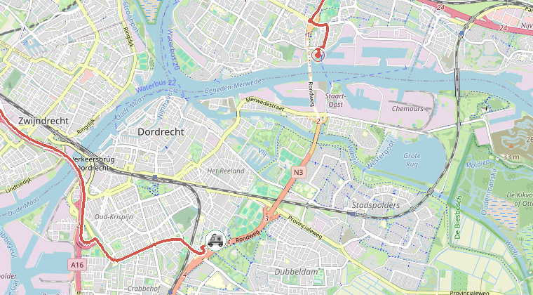 Kaart van de omgeving van de melding, met de kazerne die is gealarmeerd